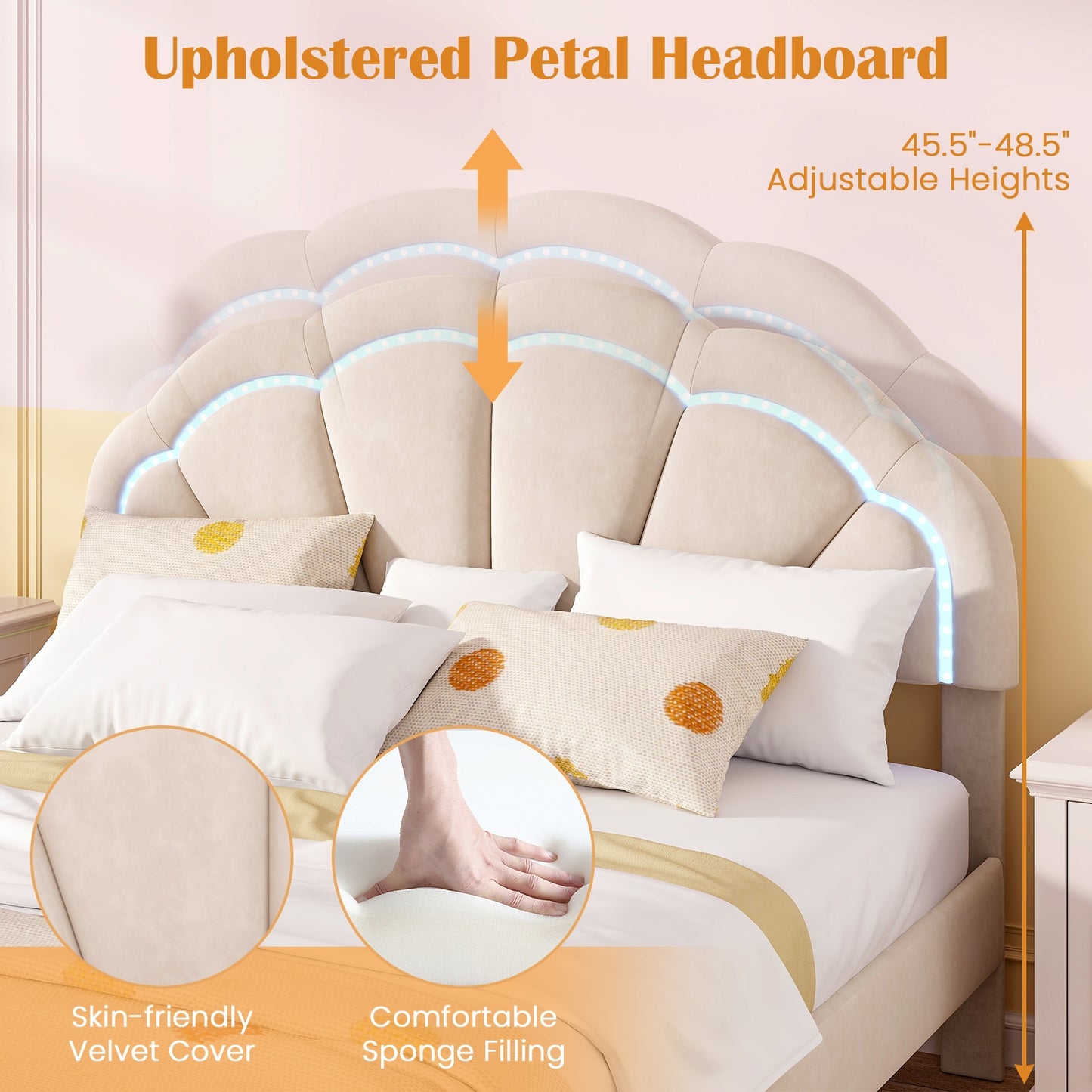 Upholstered LED Bed Frame with Adjustable Flower Headboard and Metal Support Feet-Queen Size Trundle Bed Frame at Gallery Canada