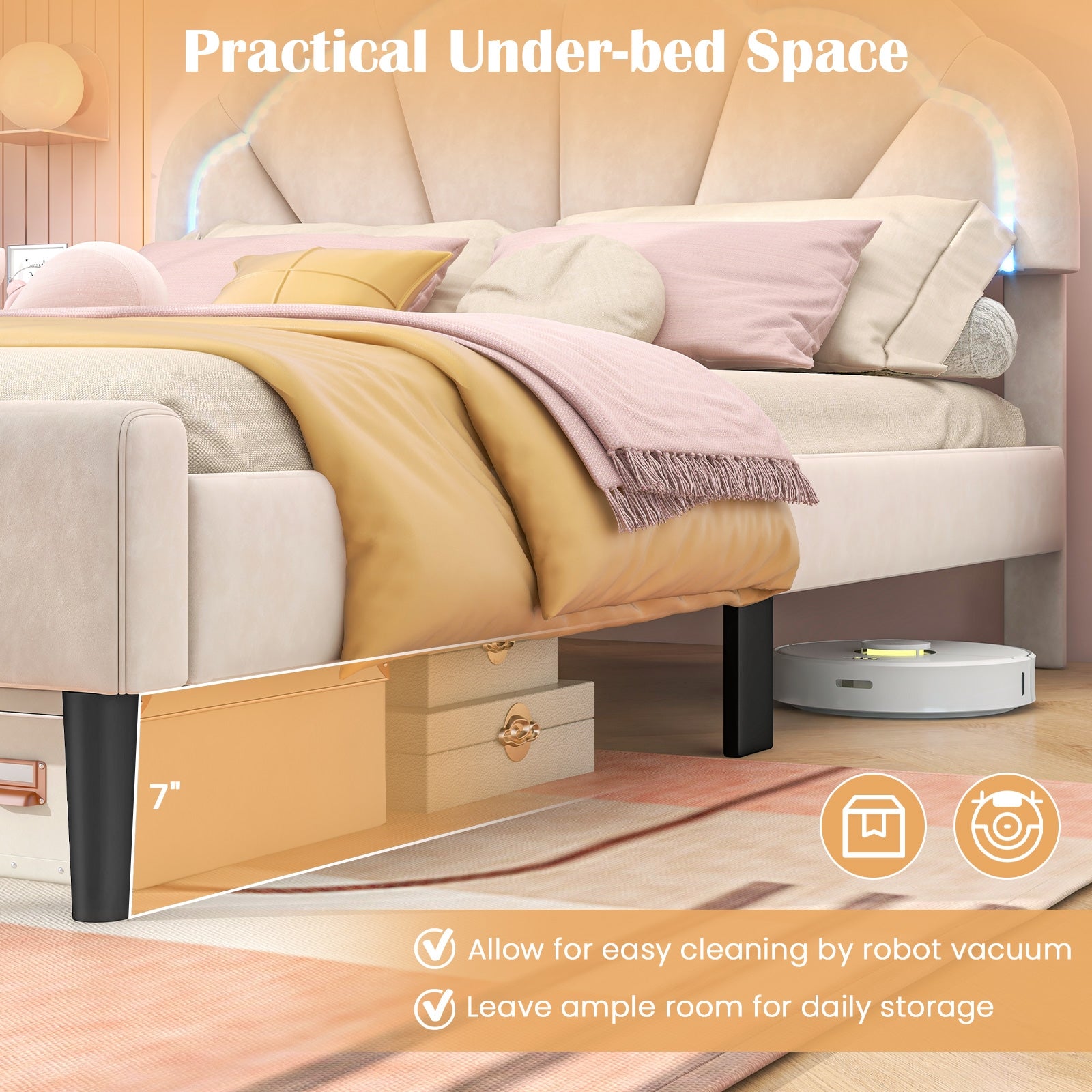 Upholstered LED Bed Frame with Adjustable Flower Headboard and Metal Support Feet-Queen Size Trundle Bed Frame at Gallery Canada