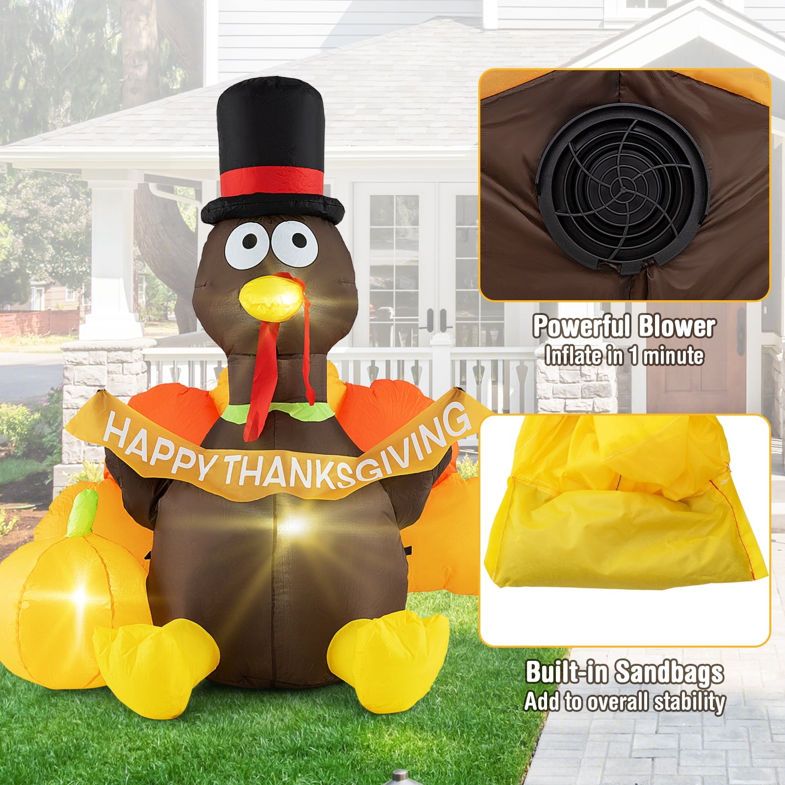 5 FT Inflatable Turkey With Pumpkin, LED Lights, Multicolor Thanksgiving at Gallery Canada