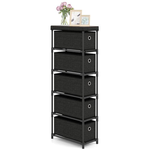 Narrow Dresser with 5 Drawers Slim Storage Tower with Metal Frame, Black