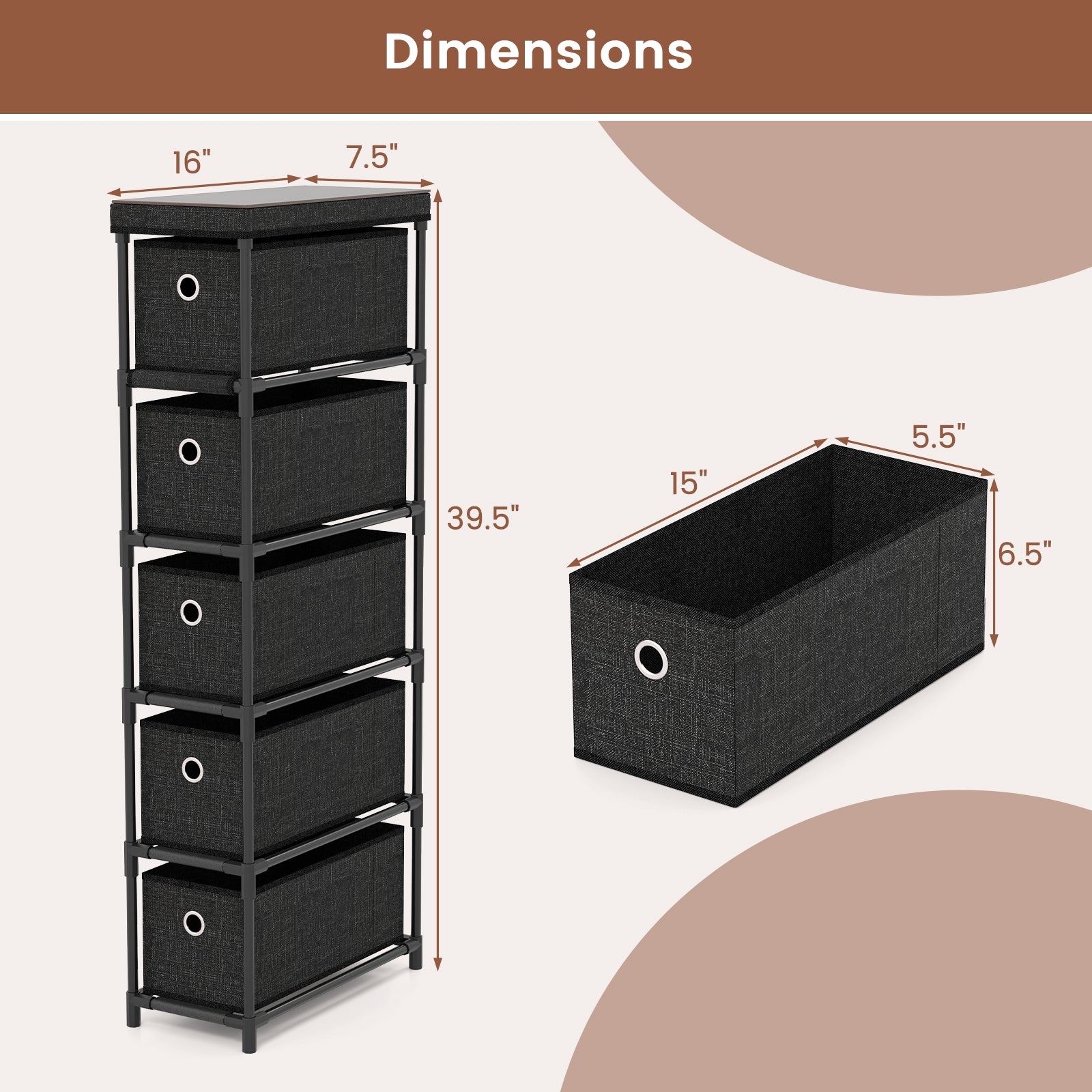 Narrow Dresser with 5 Drawers Slim Storage Tower with Metal Frame, Black Dressers & Chests at Gallery Canada