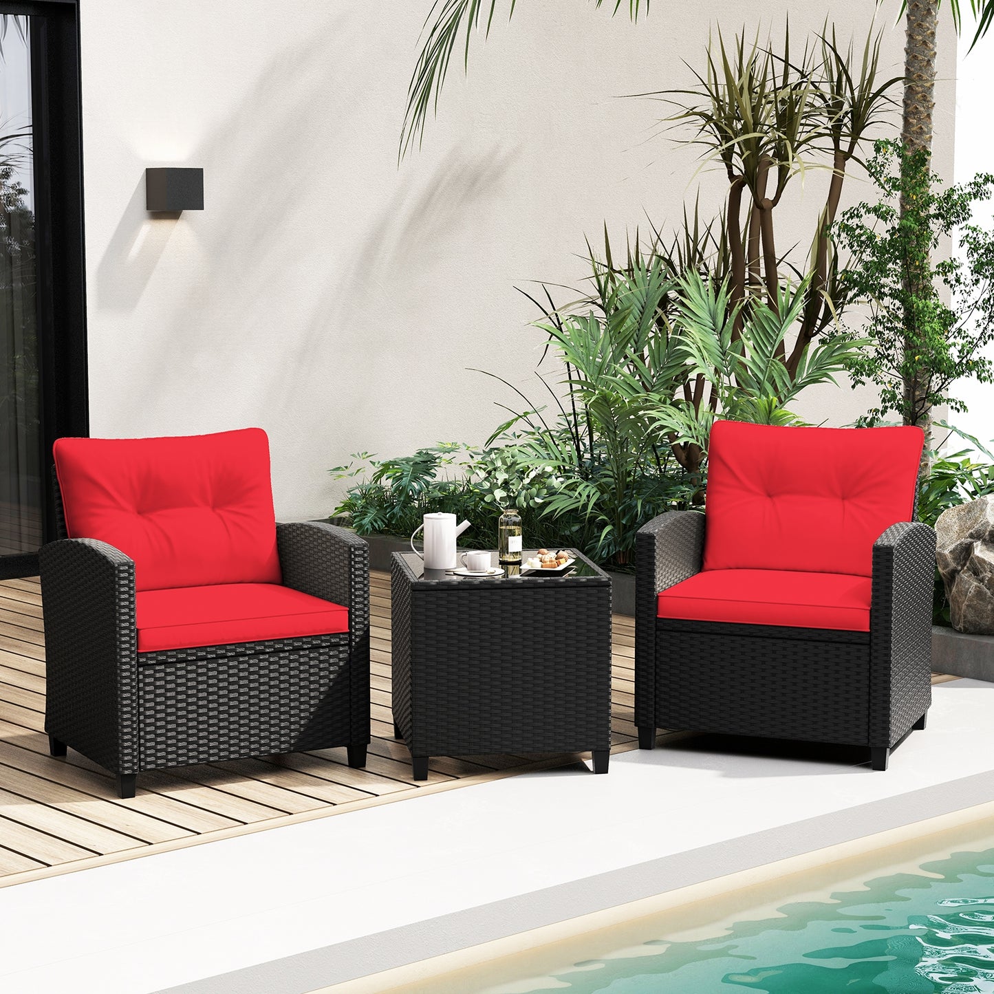 3 Pieces Patio Furniture Set with Tempered Glass Coffee Table, Red Patio Conversation Sets at Gallery Canada