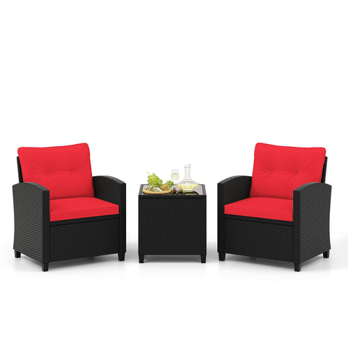 3 Piece Patio Furniture Set, Tempered Glass Coffee Table, Red