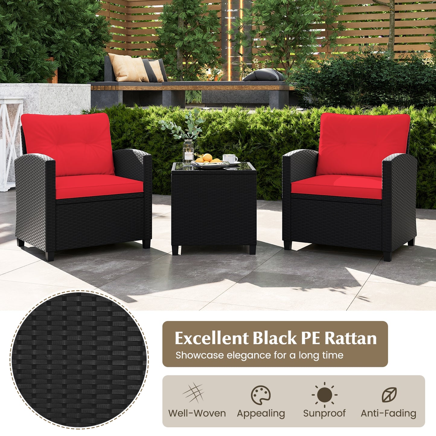 3 Pieces Patio Furniture Set with Tempered Glass Coffee Table, Red Patio Conversation Sets at Gallery Canada