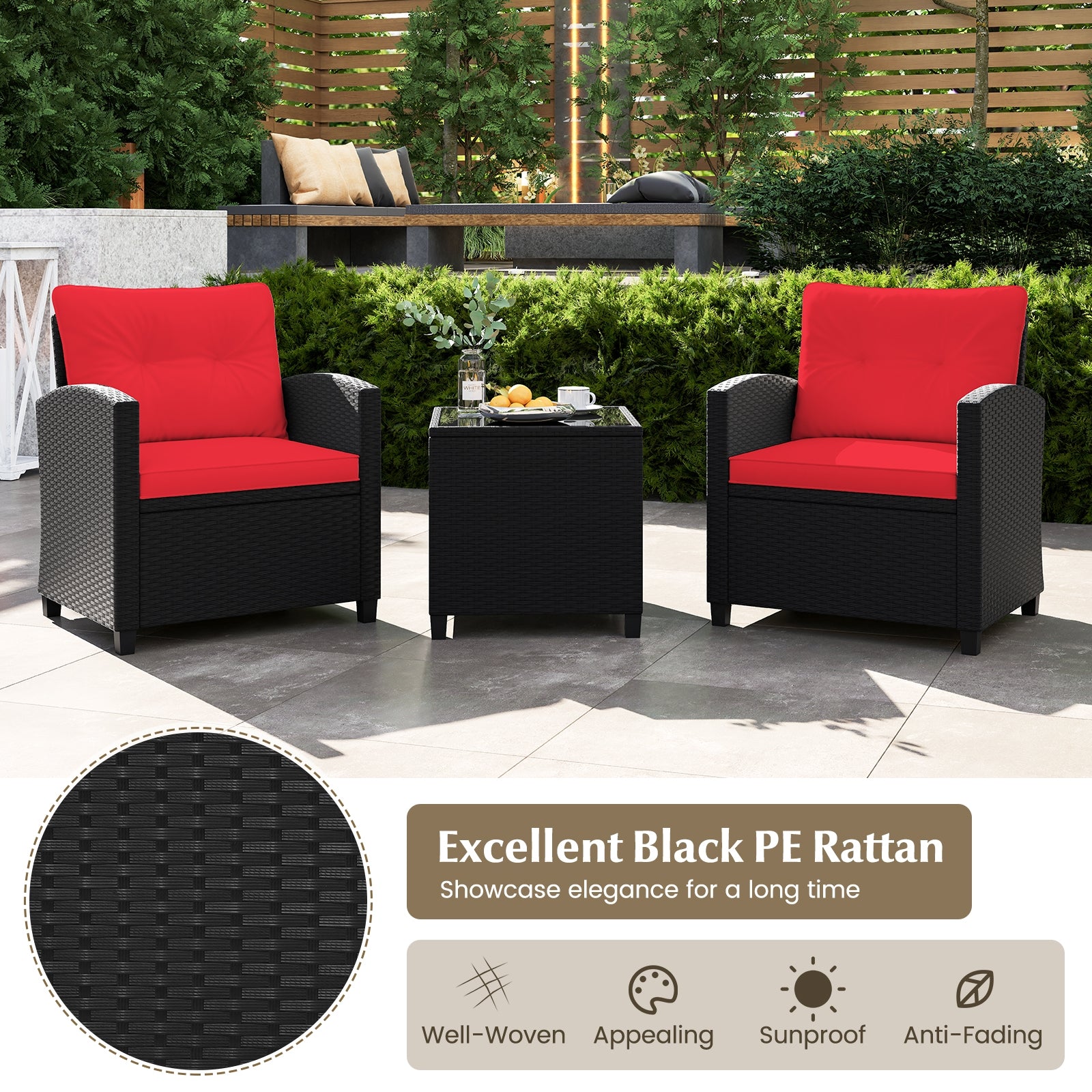 3 Pieces Patio Furniture Set with Tempered Glass Coffee Table, Red Patio Conversation Sets at Gallery Canada