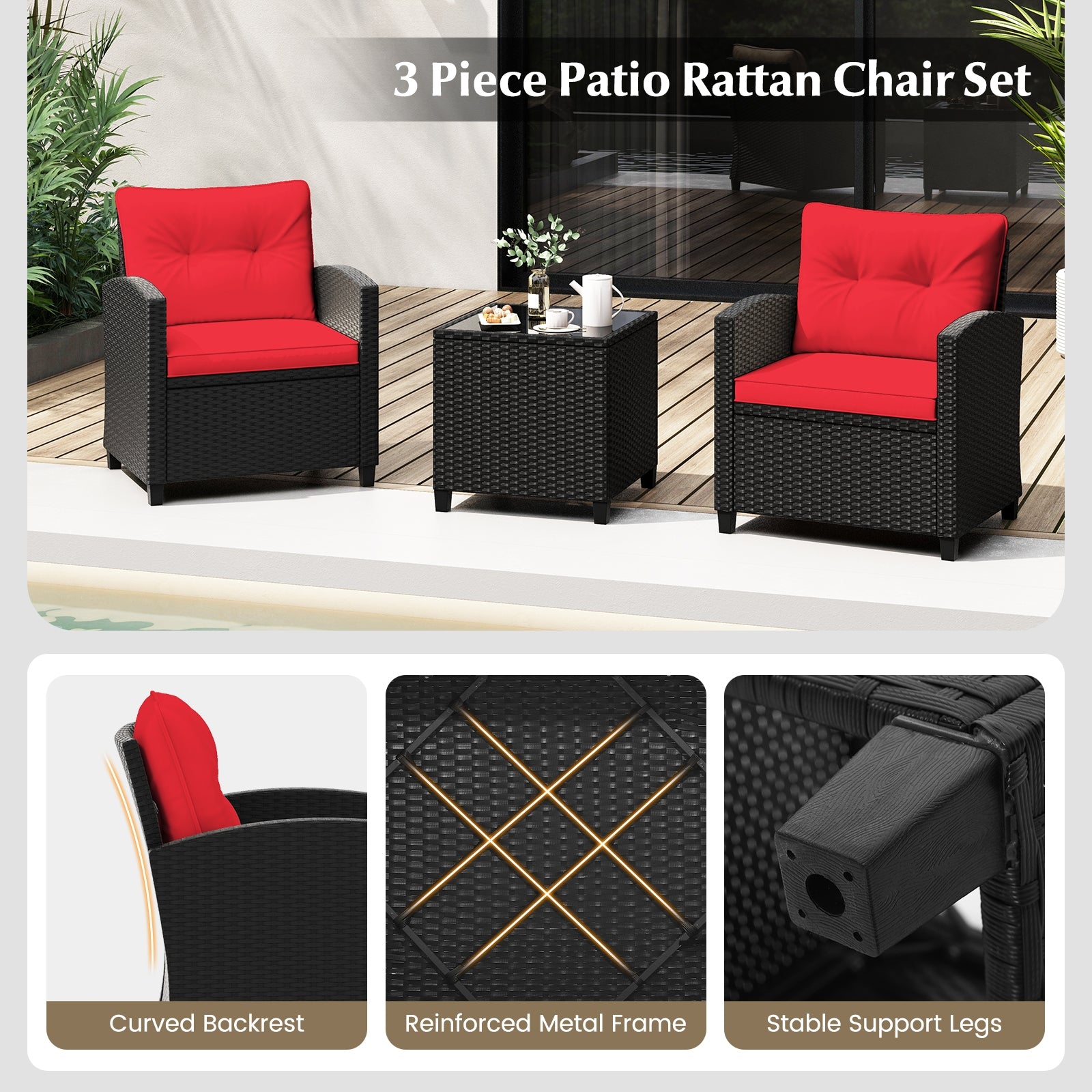 3 Pieces Patio Furniture Set with Tempered Glass Coffee Table, Red Patio Conversation Sets at Gallery Canada