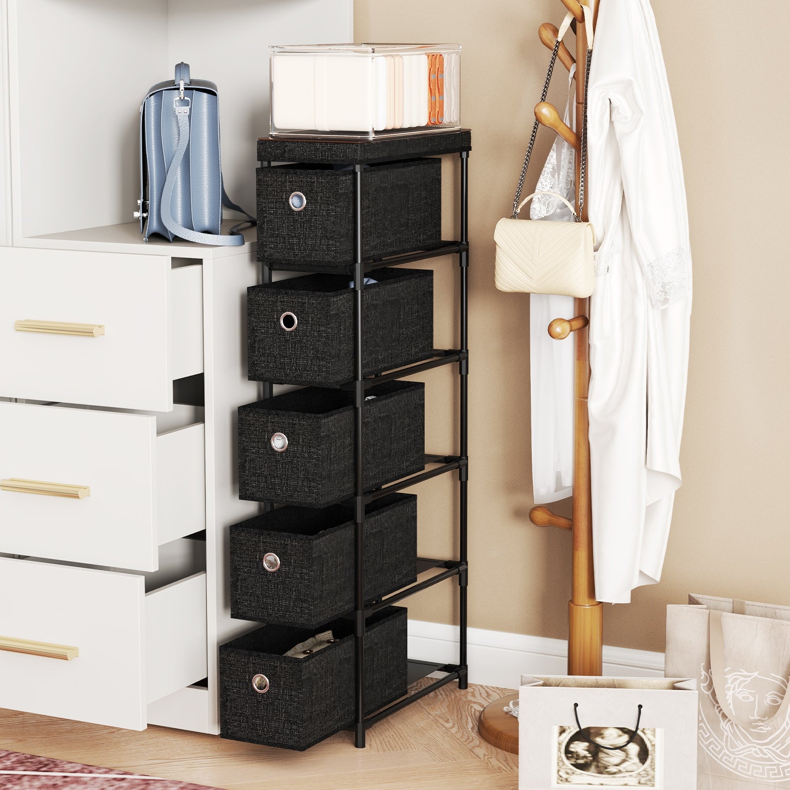 Narrow Dresser with 5 Drawers Slim Storage Tower with Metal Frame, Black Dressers & Chests at Gallery Canada