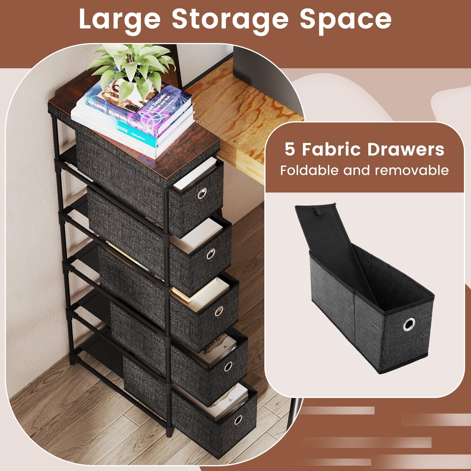 Narrow Dresser with 5 Drawers Slim Storage Tower with Metal Frame, Black Dressers & Chests at Gallery Canada
