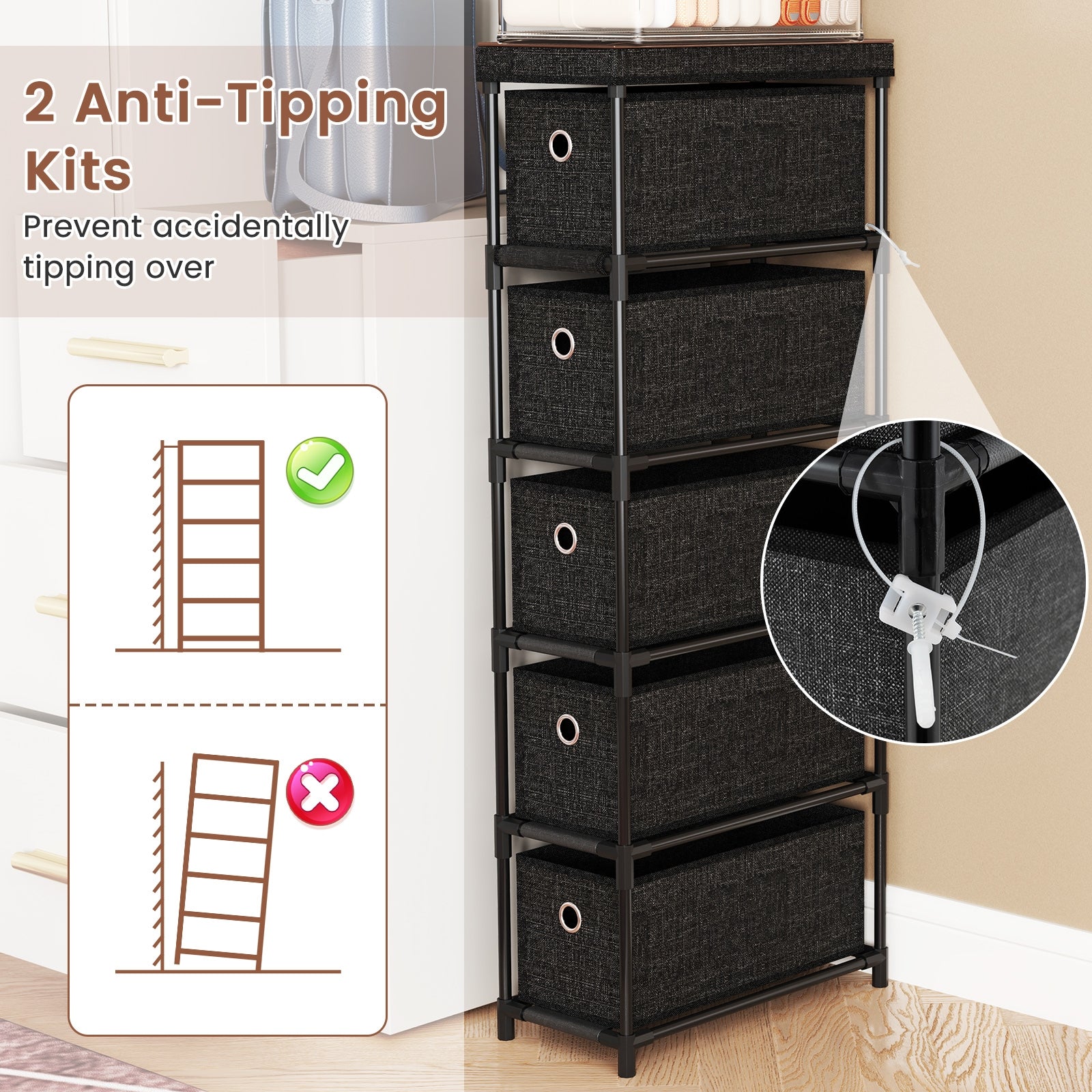 Narrow Dresser with 5 Drawers Slim Storage Tower with Metal Frame, Black Dressers & Chests at Gallery Canada