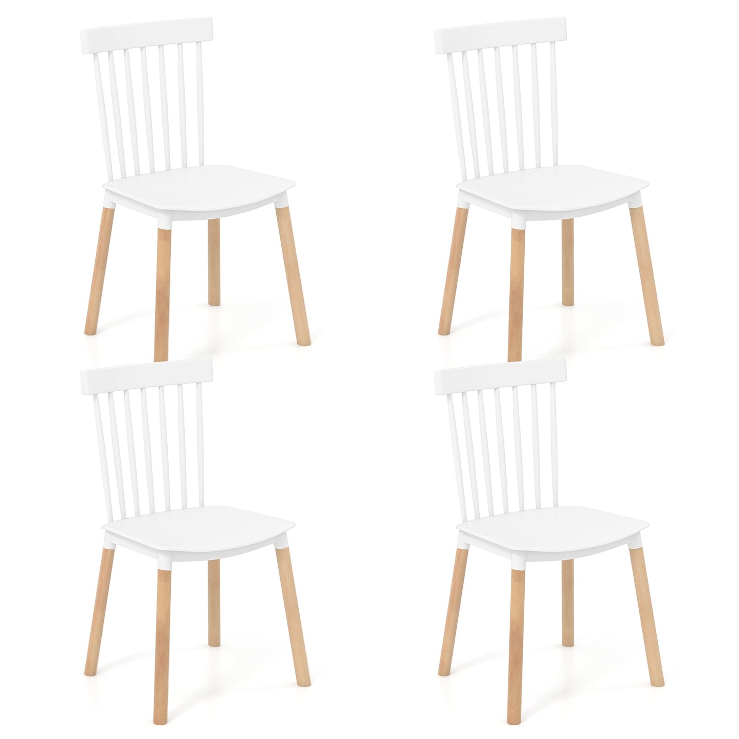 Ensemble de 4 chaises de salle à manger Windsor, dossiers à fuseaux, sièges courbés, blanc