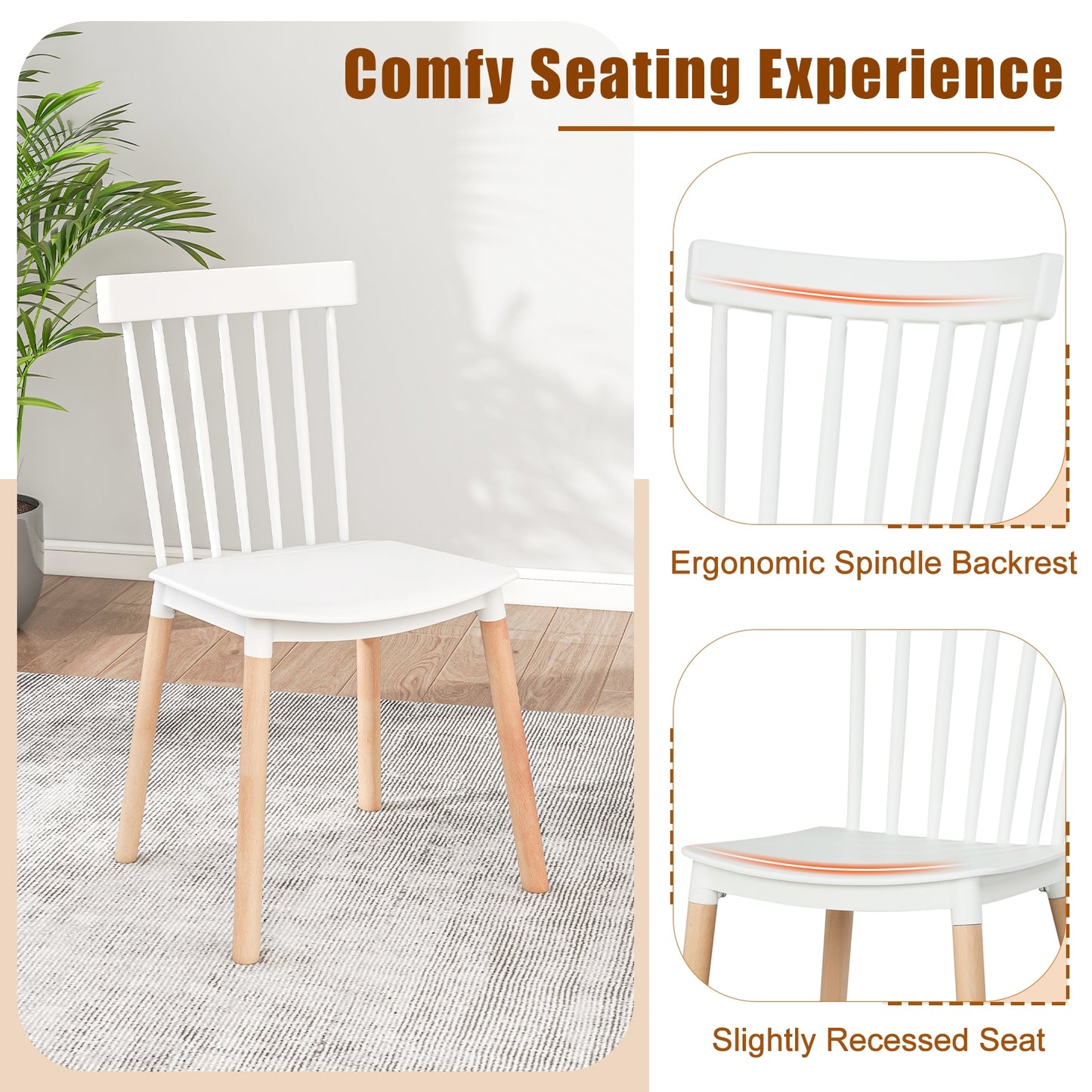 Set of 4 Windsor Dining Chairs with Spindle Backs and Curved Seats, White