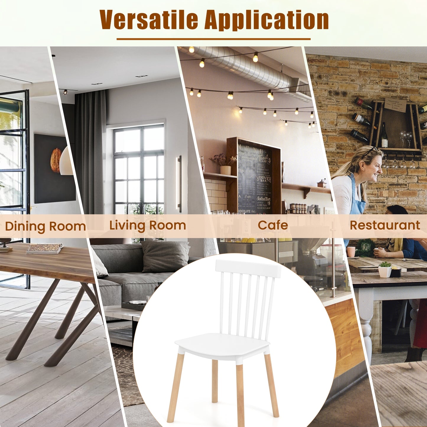 Set of 4 Windsor Dining Chairs with Spindle Backs and Curved Seats, White