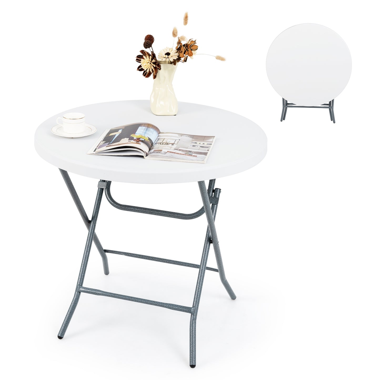 32 Inch Round Folding Table with Thick Tabletop for Picnic, White Picnic Tables at Gallery Canada