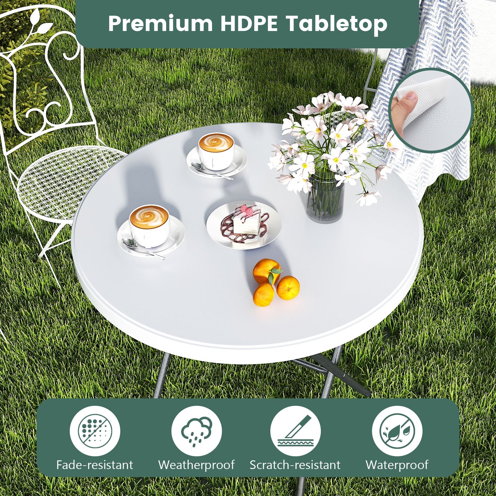 32 Inch Round Folding Table with Thick Tabletop for Picnic, White Picnic Tables at Gallery Canada