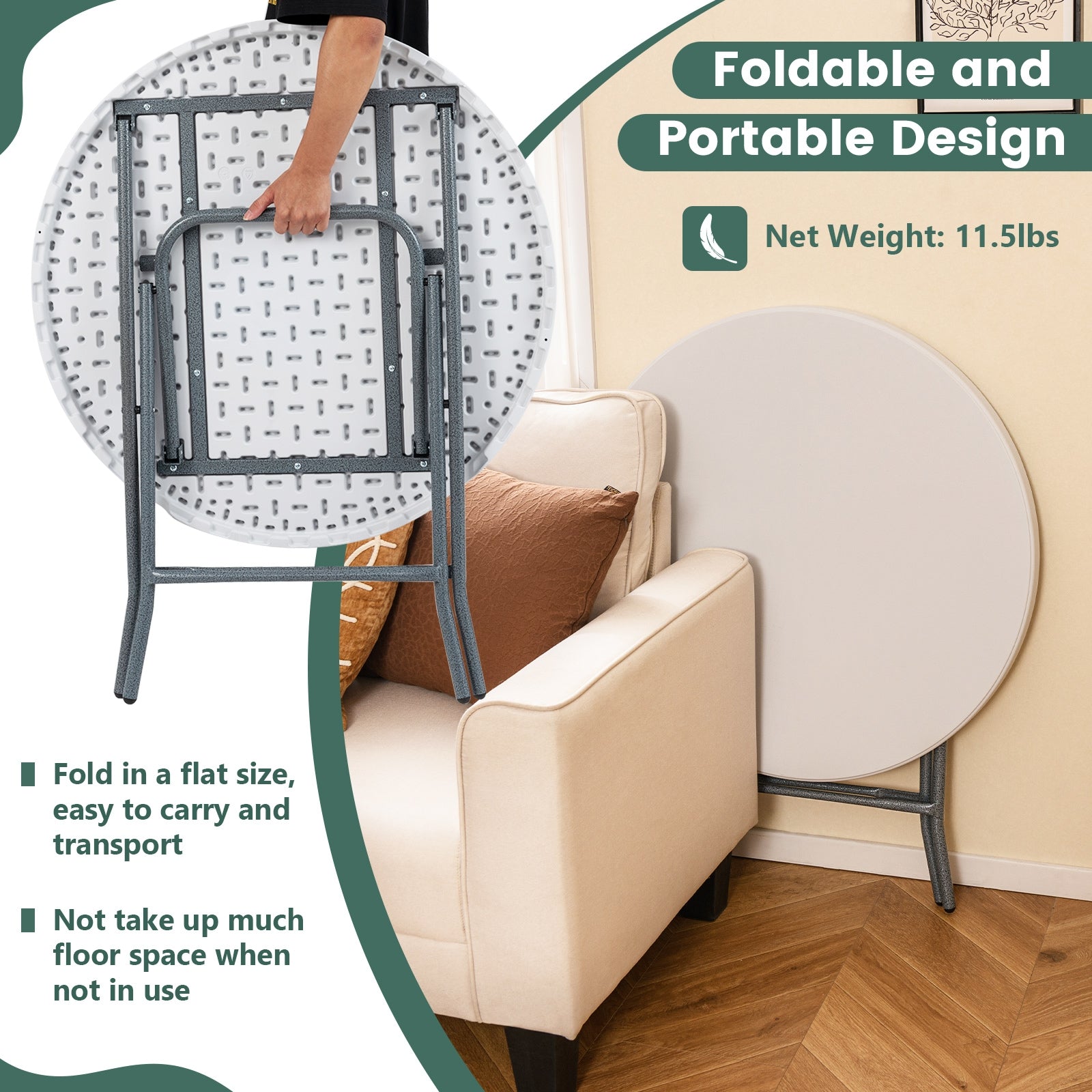 32 Inch Round Folding Table with Thick Tabletop for Picnic, White Picnic Tables at Gallery Canada