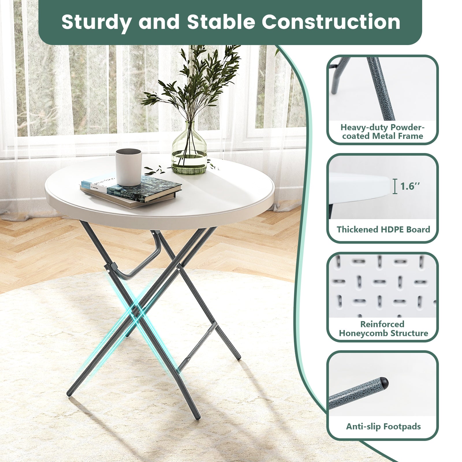 32 Inch Round Folding Table with Thick Tabletop for Picnic, White Picnic Tables at Gallery Canada