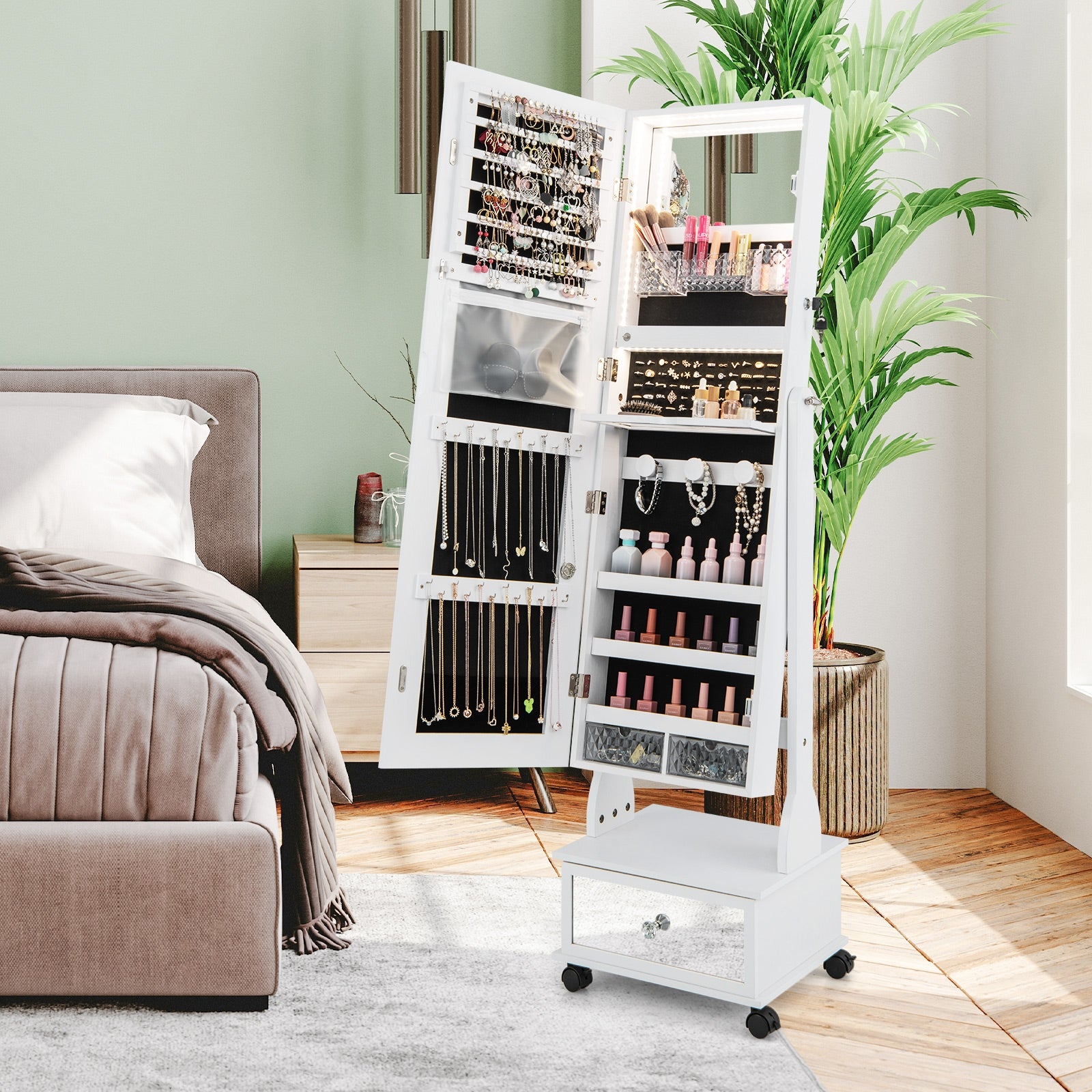 47 Inch Lockable Jewelry Cabinet Armoire with 3-Color LED Lights, White Jewelry Armoires at Gallery Canada