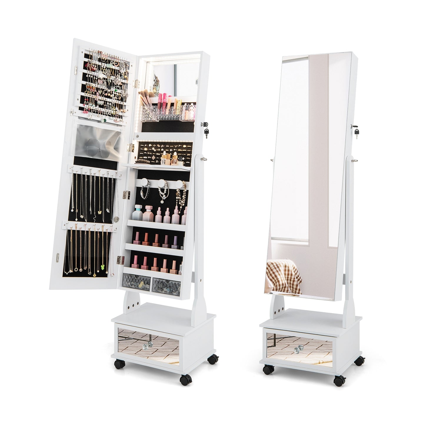 47 Inch Lockable Jewelry Cabinet Armoire with 3-Color LED Lights, White Jewelry Armoires White at Gallery Canada
