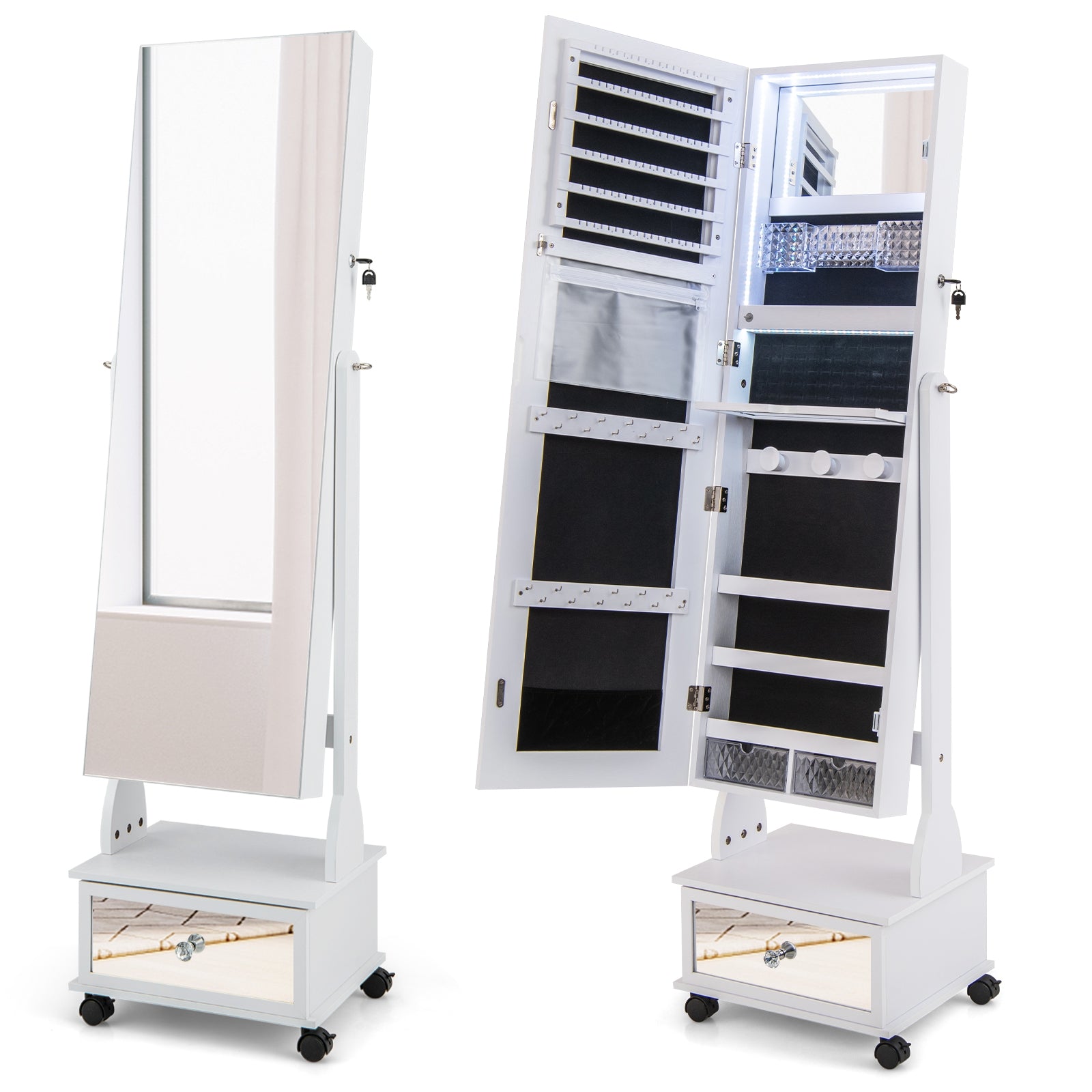 47 Inch Lockable Jewelry Cabinet Armoire with 3-Color LED Lights, White Jewelry Armoires at Gallery Canada