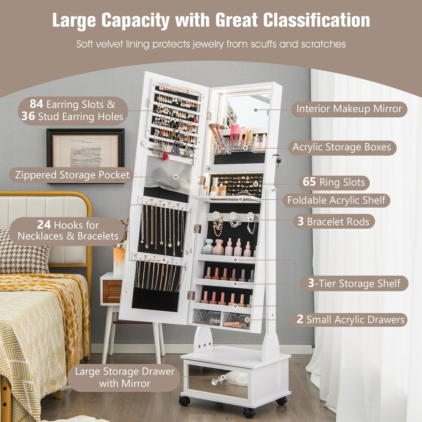 47 Inch Lockable Jewelry Cabinet Armoire with 3-Color LED Lights, White Jewelry Armoires at Gallery Canada