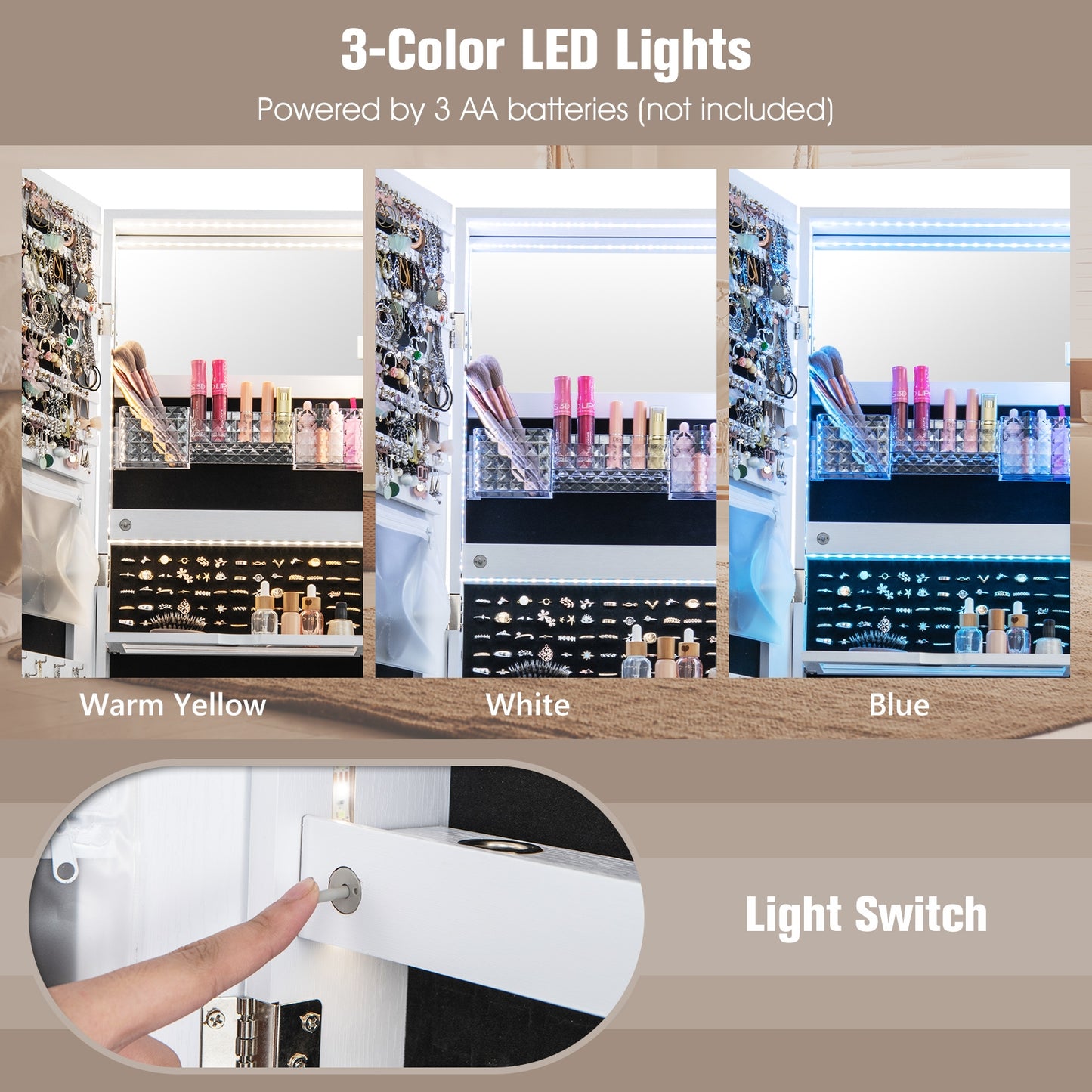 47 Inch Lockable Jewelry Cabinet Armoire with 3-Color LED Lights, White Jewelry Armoires at Gallery Canada