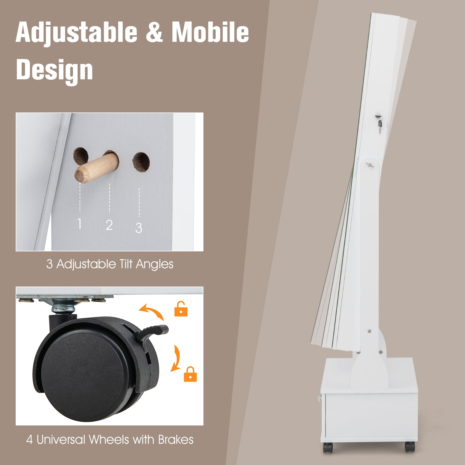 47 Inch Lockable Jewelry Cabinet Armoire with 3-Color LED Lights, White Jewelry Armoires at Gallery Canada