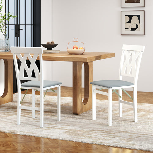 Folding Wooden Dining Chair Set Of 2, Faux Leather Upholstered, White