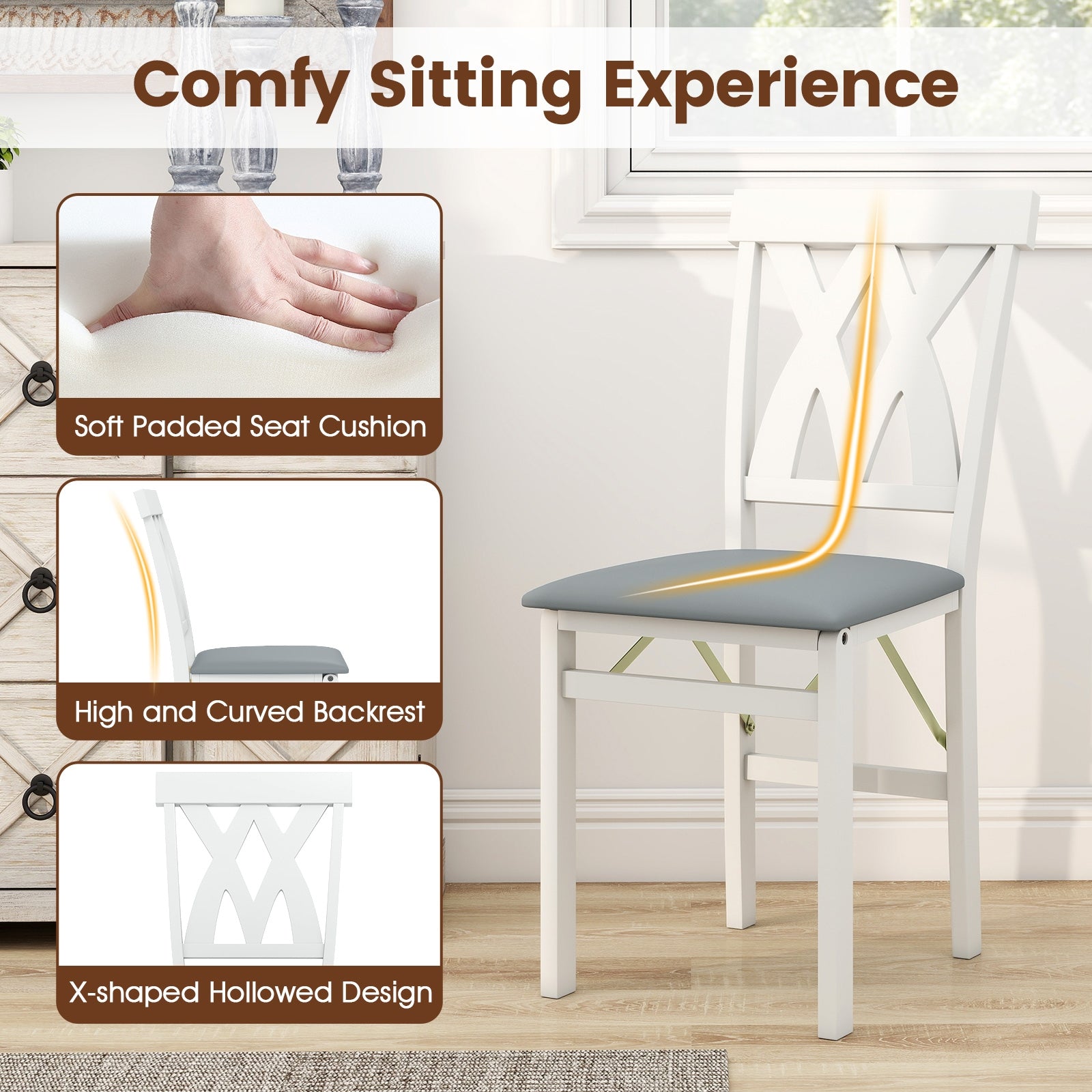 Folding Wooden Dining Chair Set Of 2, Faux Leather Upholstered, White Dining Chairs at Gallery Canada