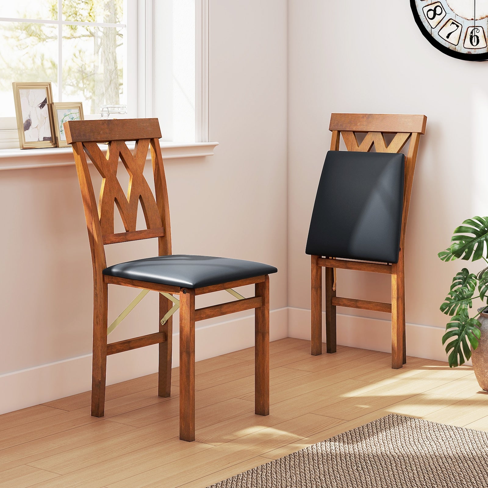 Folding Wooden Dining Chair Set, 2 Faux Leather Upholstered Kitchen Armless Chairs, Walnut Dining Chairs at Gallery Canada