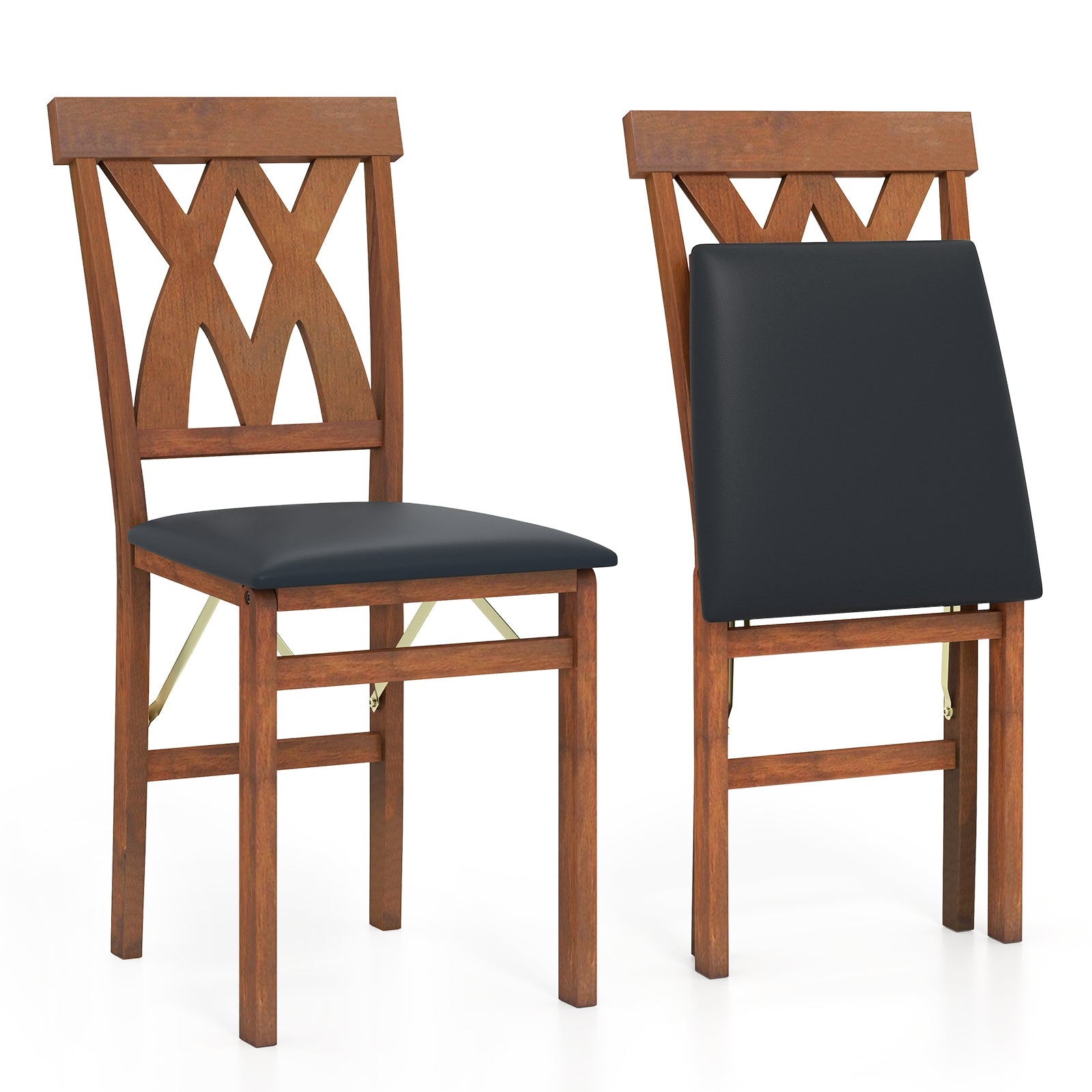 Folding Wooden Dining Chair Set, 2 Faux Leather Upholstered Kitchen Armless Chairs, Walnut Dining Chairs at Gallery Canada