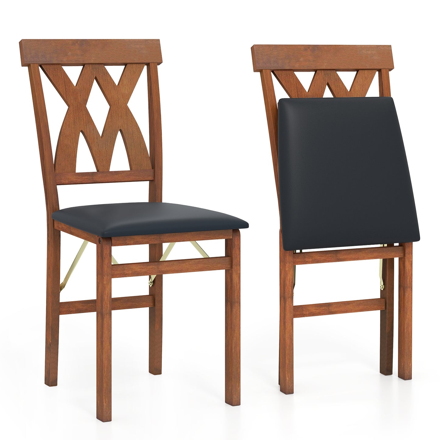 Folding Wooden Dining Chair Set, 2 Faux Leather Upholstered Kitchen Armless Chairs, Walnut Dining Chairs at Gallery Canada