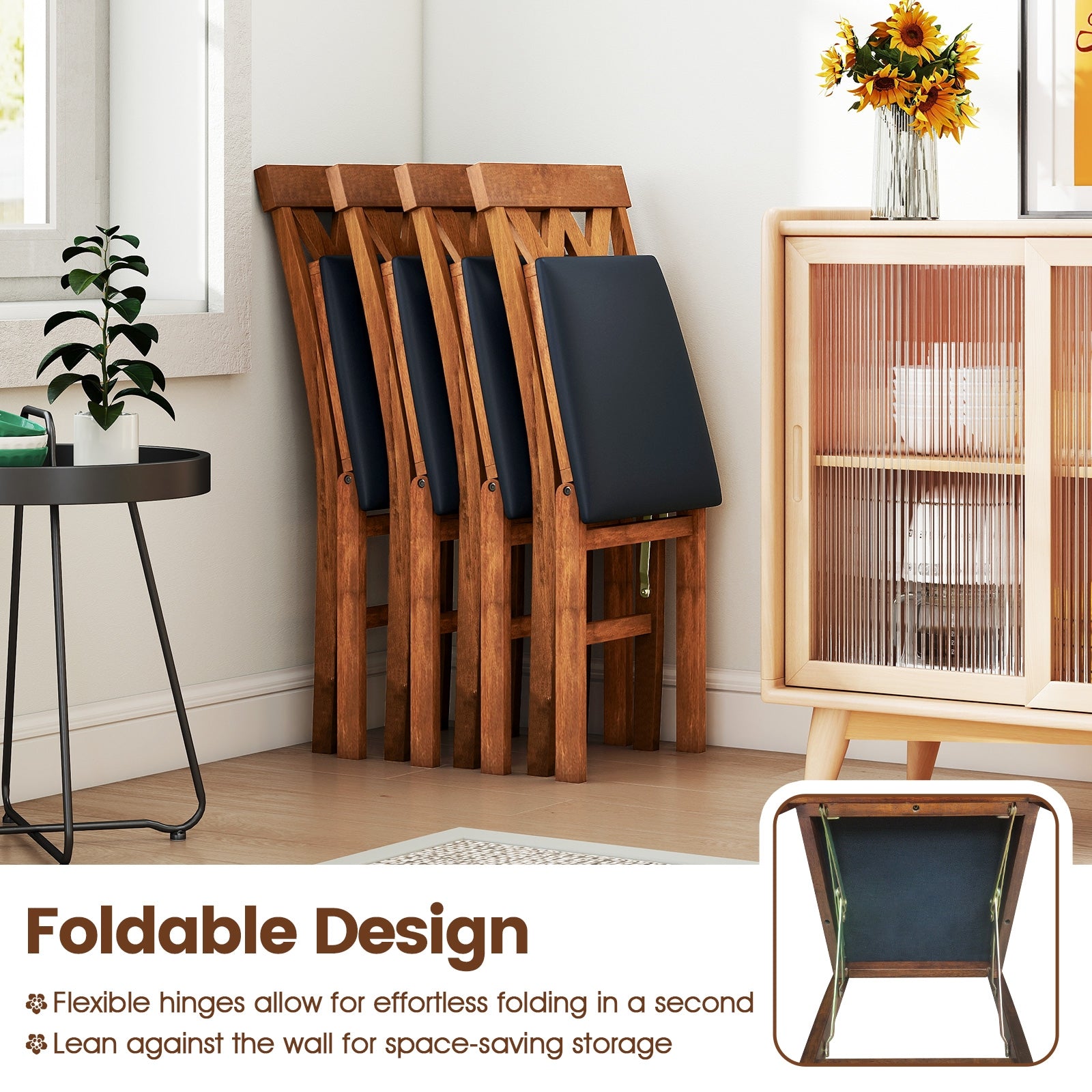Folding Wooden Dining Chair Set, 2 Faux Leather Upholstered Kitchen Armless Chairs, Walnut Dining Chairs at Gallery Canada