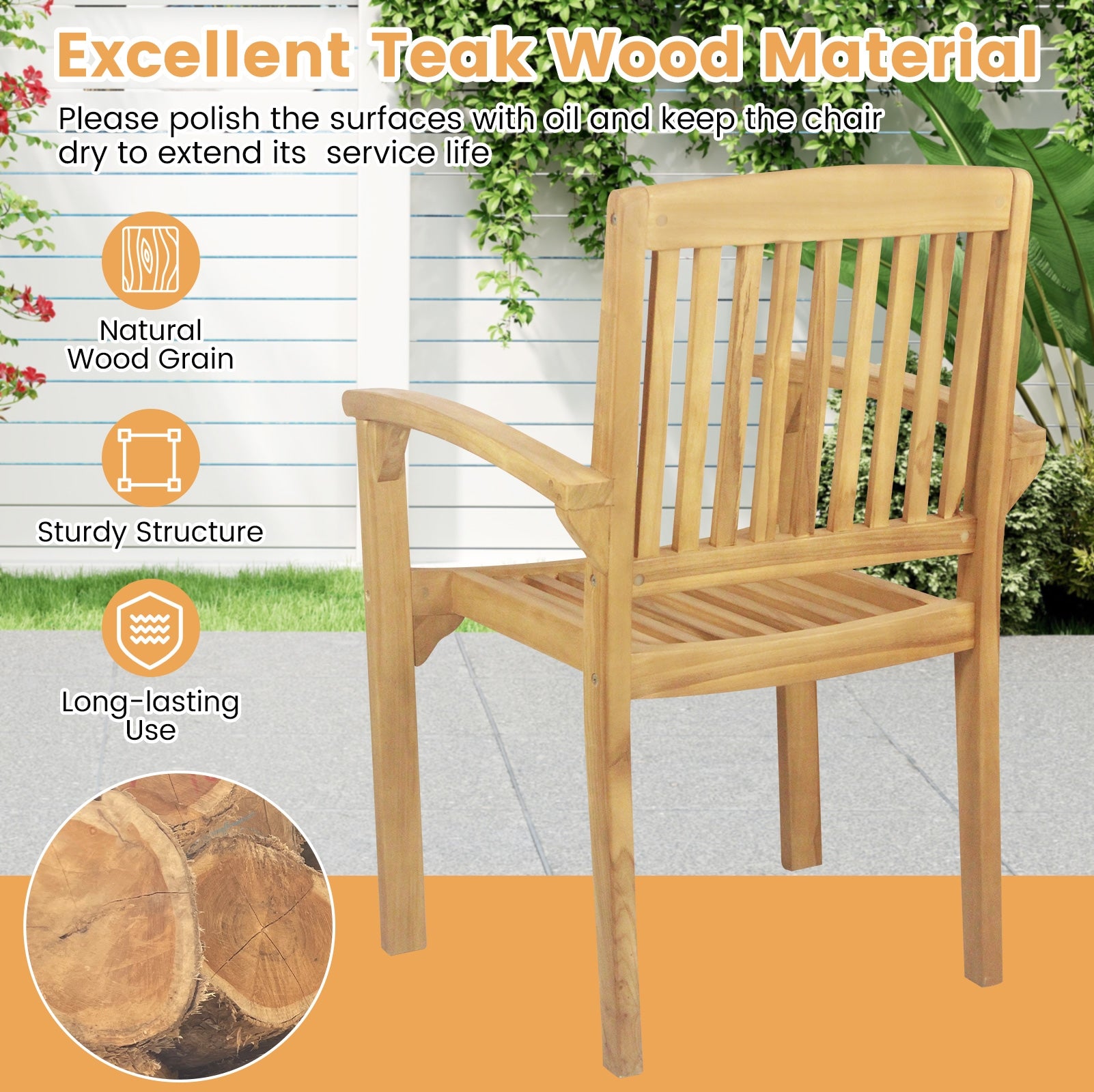 Outdoor Patio Chair with Slatted Seat and Curved Seat, Natural Patio Dining Chairs at Gallery Canada
