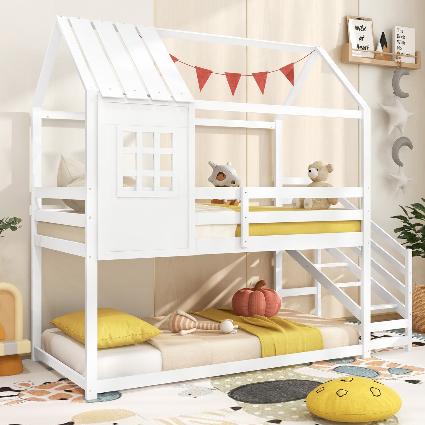 Twin House Bed with Stairs and Roof for Kids, White Trundle Bed Frame at Gallery Canada