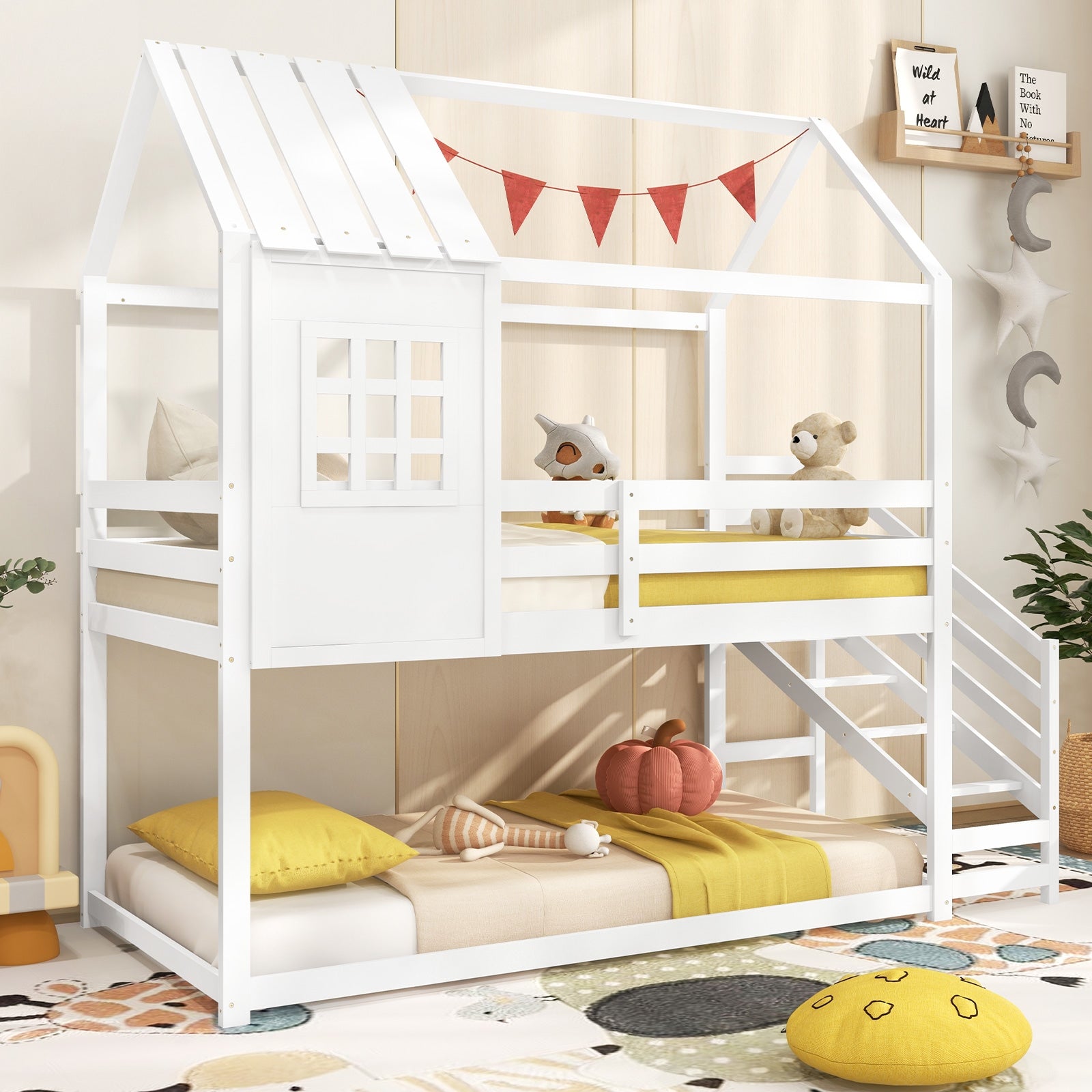 Twin House Bed with Stairs and Roof for Kids, White Trundle Bed Frame at Gallery Canada