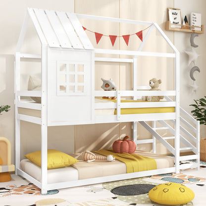 Twin House Bed with Stairs and Roof for Kids, White Trundle Bed Frame at Gallery Canada