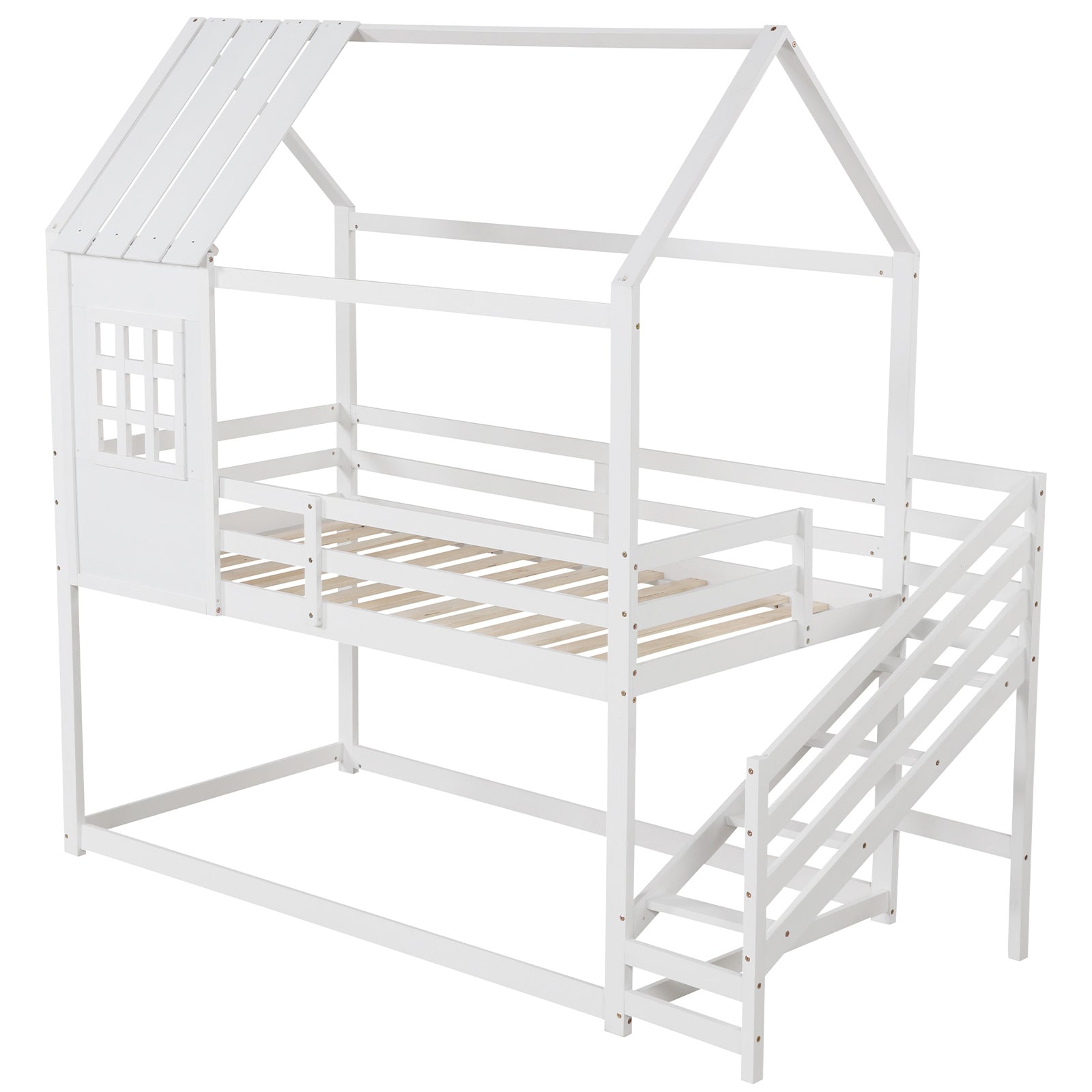 Twin House Bed with Stairs and Roof for Kids, White Trundle Bed Frame at Gallery Canada