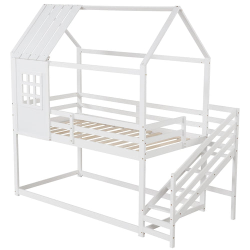 Twin House Bed With Stairs And Roof For Kids, White