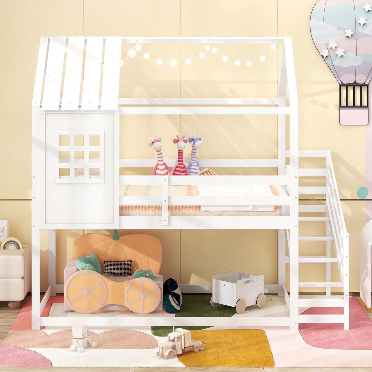 Twin House Bed with Stairs and Roof for Kids, White Trundle Bed Frame at Gallery Canada