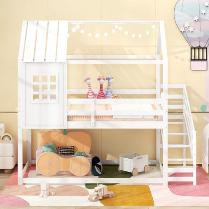 Twin House Bed with Stairs and Roof for Kids, White Trundle Bed Frame at Gallery Canada