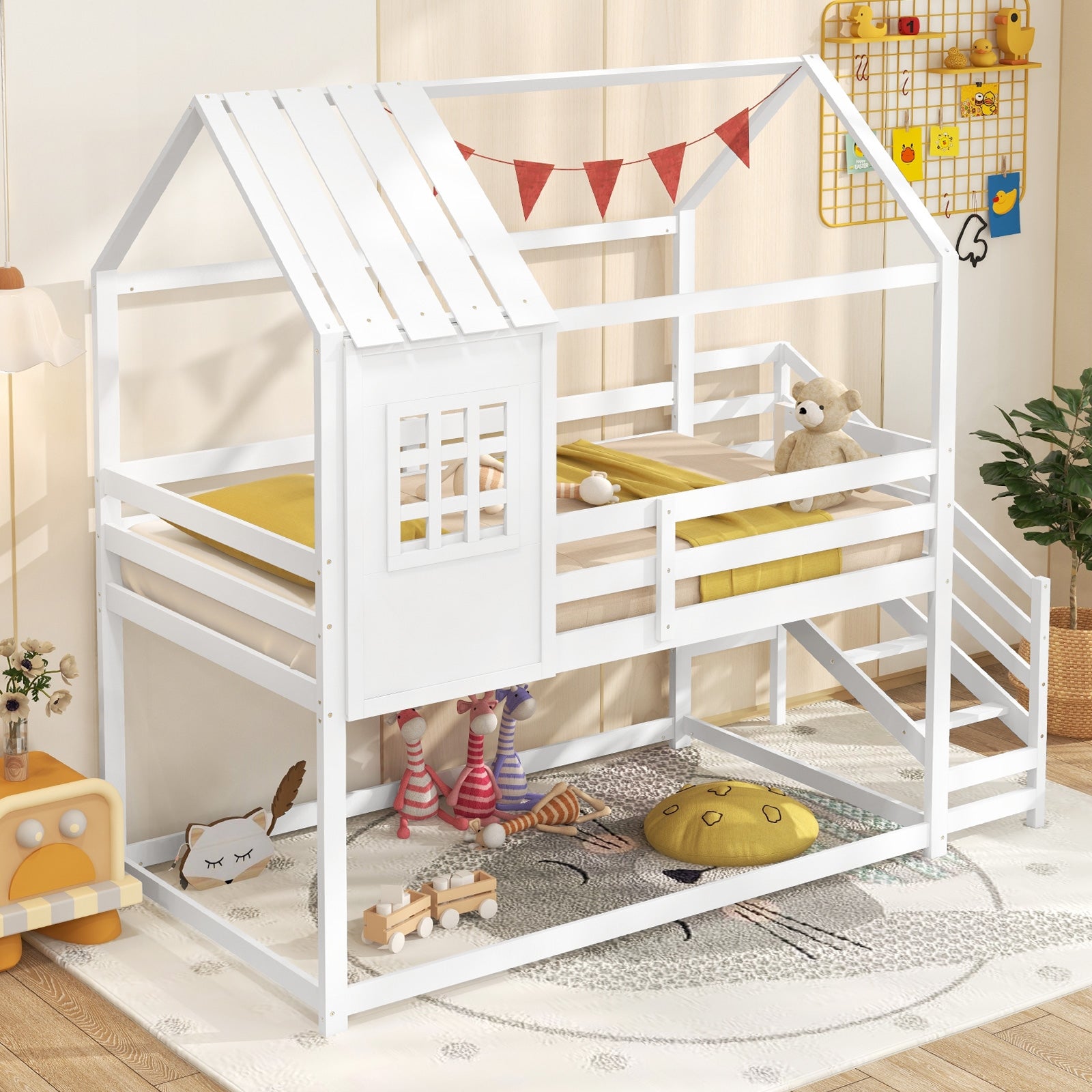 Twin House Bed with Stairs and Roof for Kids, White Trundle Bed Frame at Gallery Canada