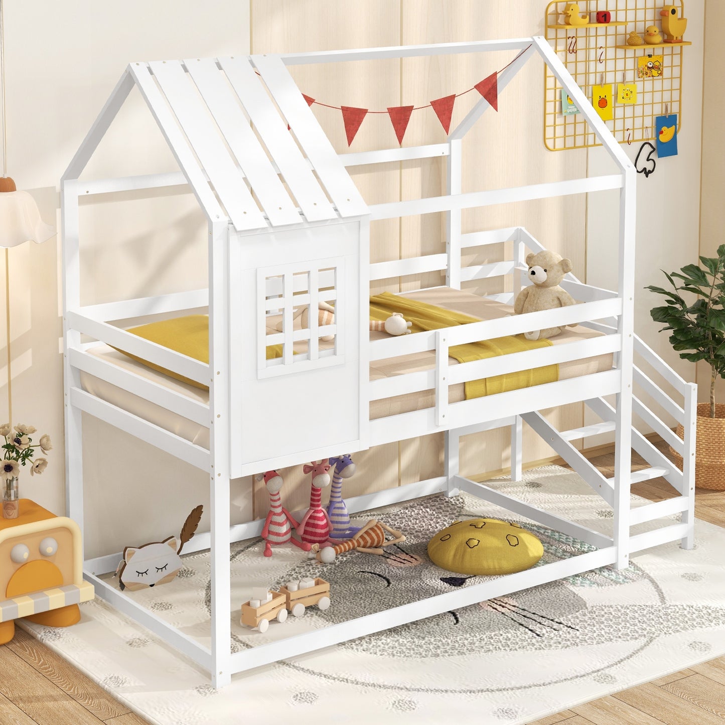 Twin House Bed with Stairs and Roof for Kids, White Trundle Bed Frame at Gallery Canada
