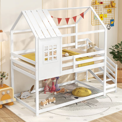 Twin House Bed with Stairs and Roof for Kids, White Trundle Bed Frame at Gallery Canada