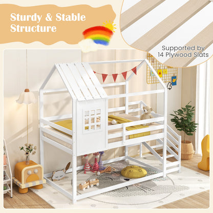 Twin House Bed with Stairs and Roof for Kids, White Trundle Bed Frame at Gallery Canada