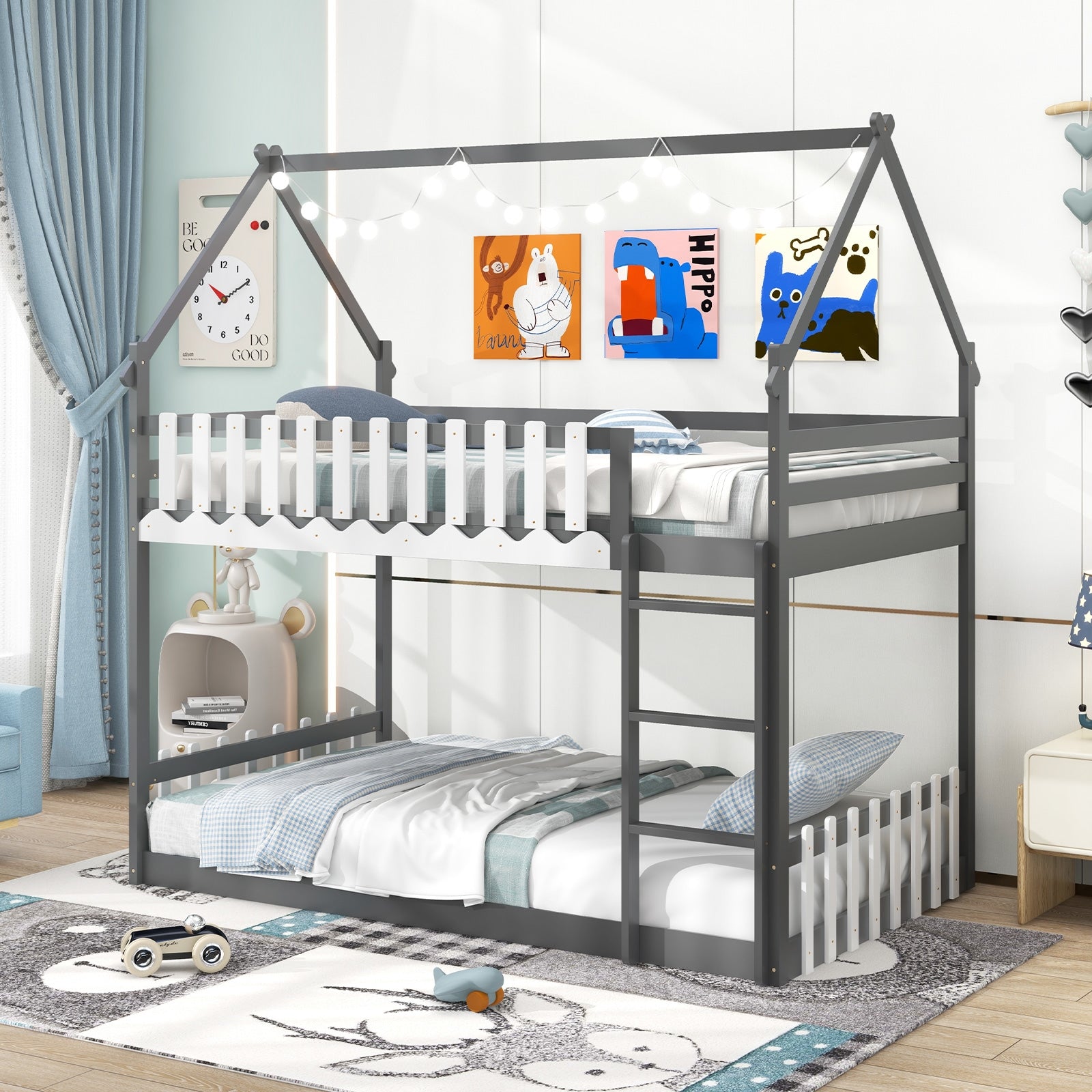 Twin Over Twin Bunk Bed with Fence and Ladder for Kids, Gray Bunk Bed Frame at Gallery Canada