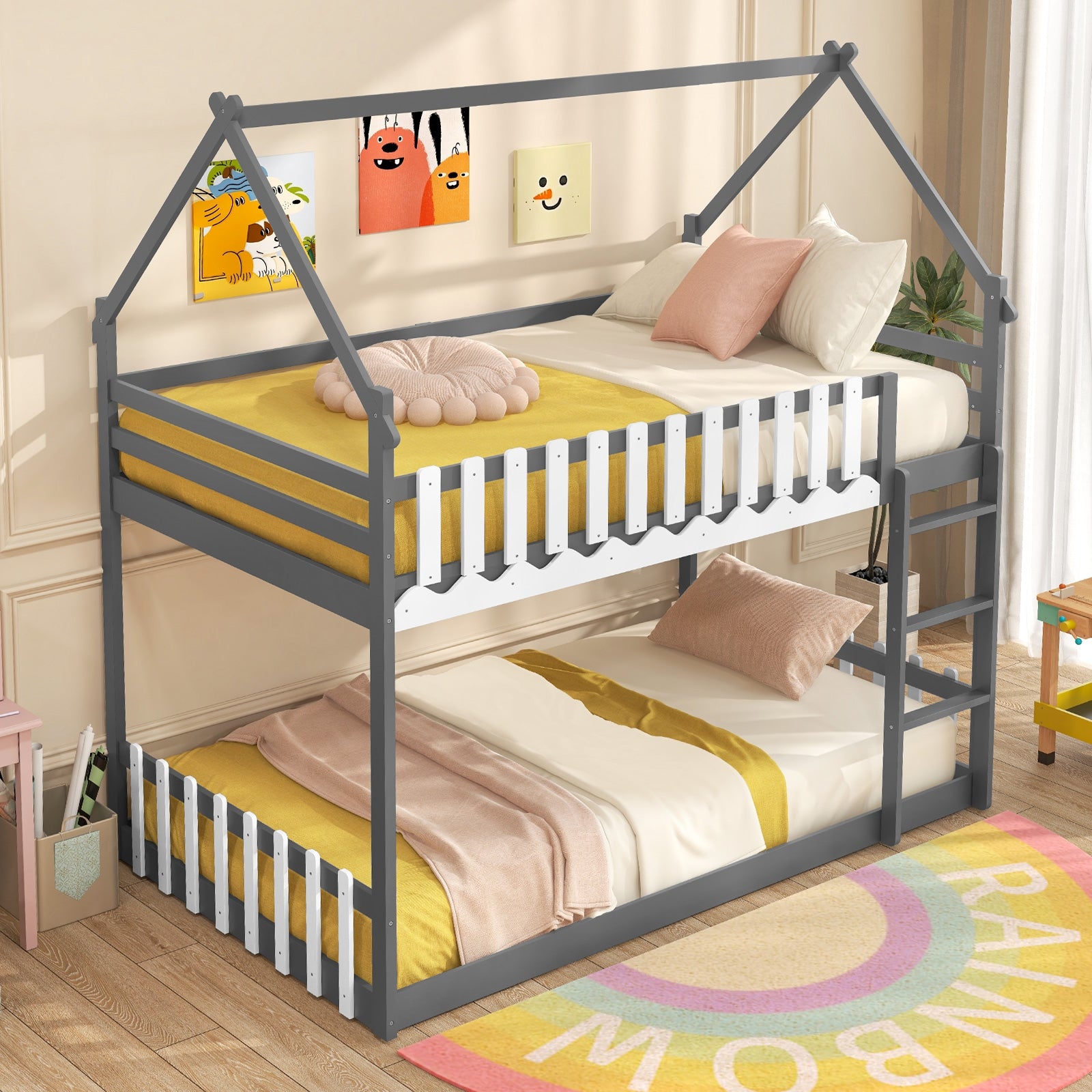 Twin Over Twin Bunk Bed with Fence and Ladder for Kids, Gray Bunk Bed Frame at Gallery Canada