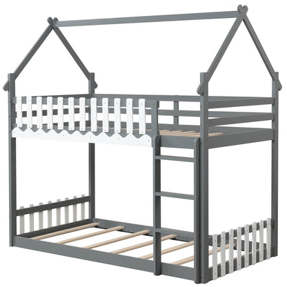 Twin Over Twin Bunk Bed with Fence and Ladder for Kids, Gray Bunk Bed Frame at Gallery Canada