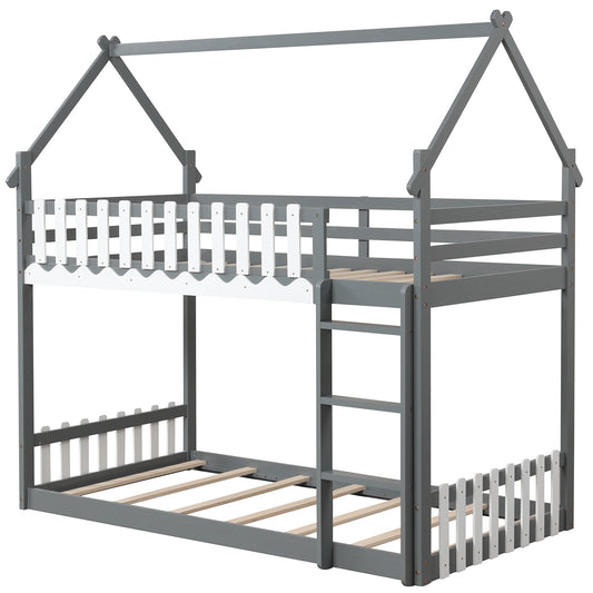 Twin Over Twin Bunk Bed With Fence And Ladder, Gray Bunk Bed Frame Gray at Gallery Canada