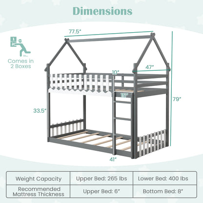Twin Over Twin Bunk Bed with Fence and Ladder for Kids, Gray Bunk Bed Frame at Gallery Canada