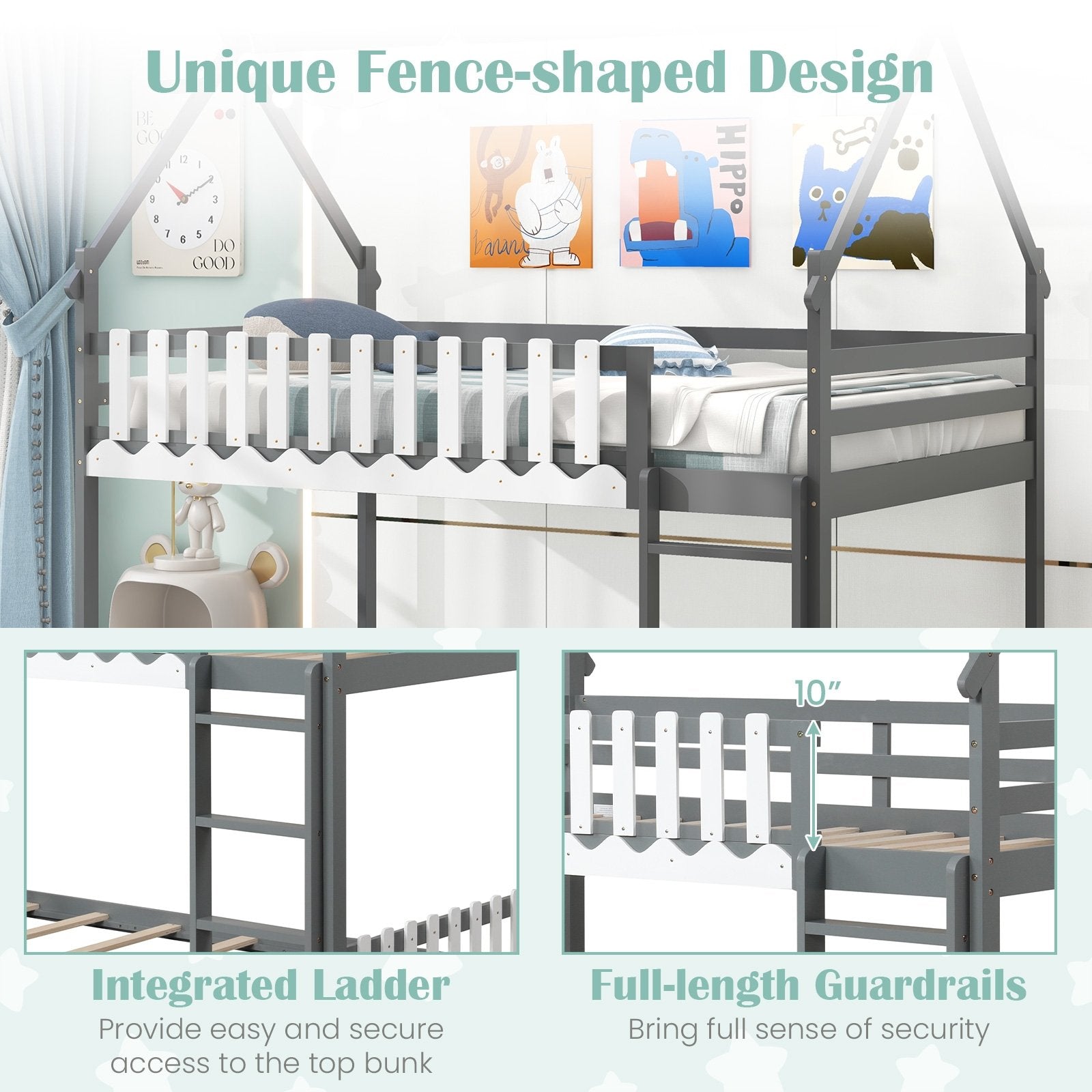 Twin Over Twin Bunk Bed with Fence and Ladder for Kids, Gray Bunk Bed Frame at Gallery Canada